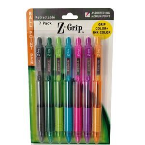 Zebra Z Grip Color Ink Ball Medium Point Pens Retractable 7 Pack NEW Rubber Grip